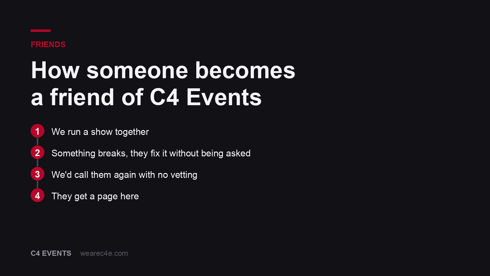 How someone becomes a friend of C4 Events: we run a show together, something breaks and they fix it without being asked, we'd call them again with no vetting, they get a page here.