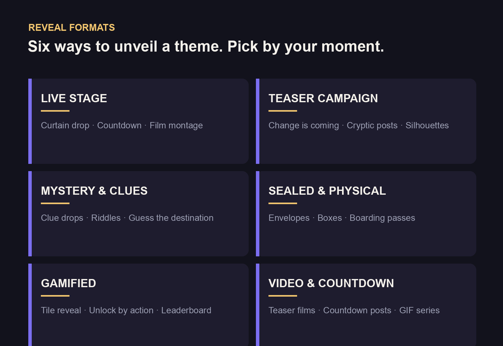 Theme reveal formats: live stage, teaser campaign, mystery clues, sealed, gamified, video countdown